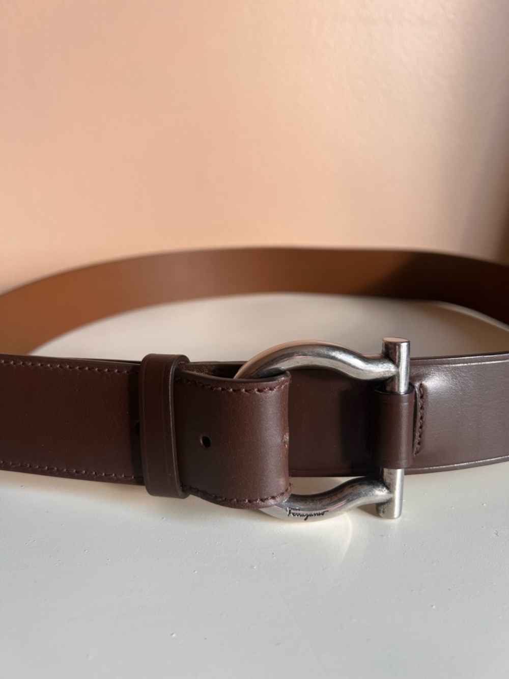 Salvatore Feragamo Brown Leather Loop Belt with Silver Buckle